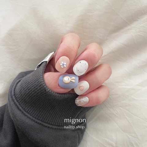 #42 【 size order 】nail tip - icing cookie🐰🥣 文字変更OK! 韓国 ネイルチップ お花 ハート インテリア