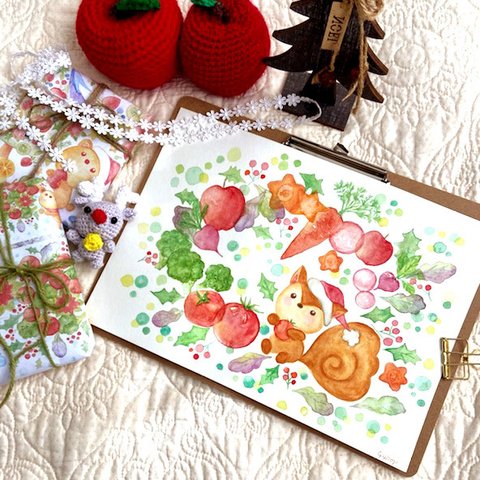 りすとクリスマスカラーの野菜とフルーツ/送料無料　クリスマスベジフル透明水彩イラスト原画　