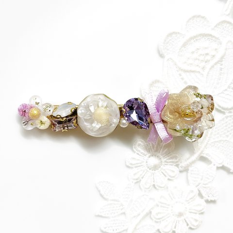 新作♡大人気シリーズ ハンドメイド レジン ヘアクリップ 花 リボン パープル 紫