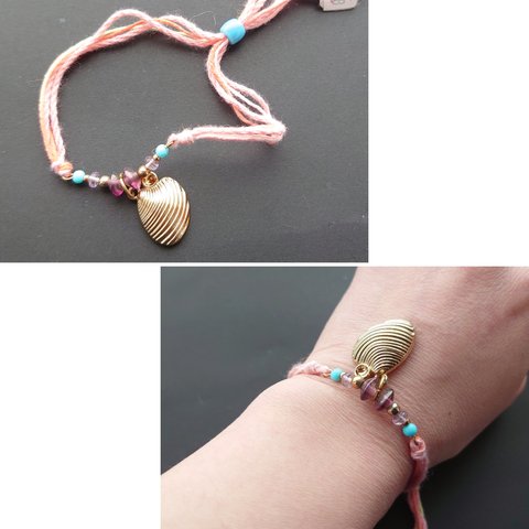 半額以下セール！アンクレット ブレスレット 長さ調節可能 シェルチャーム ピンク紐 / PohonhandmadeJewelry