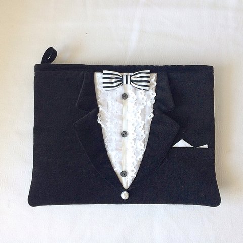 I ♥︎ tuxedo clutch bag(black)ベルベット風ぺったんこポーチ