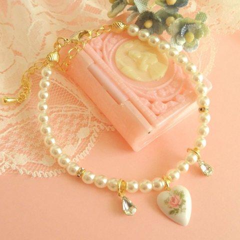 ♡Vintage Rose Cabochon Bracelet♡(heart)