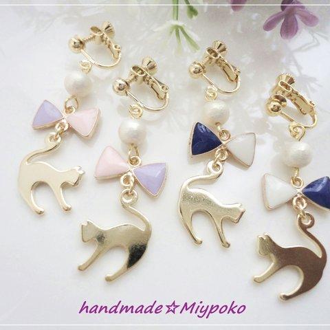 ☆カラフルリボンと金色猫のイヤリング＆ピアス☆