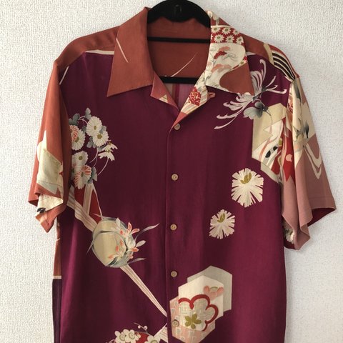 蘇芳色の着物アロハシャツ　Men's Ｌsize