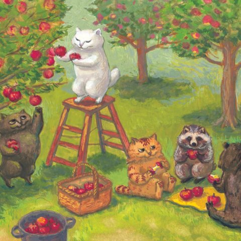 108.  カマノレイコ  猫ポストカード２枚組 「りんご狩り」