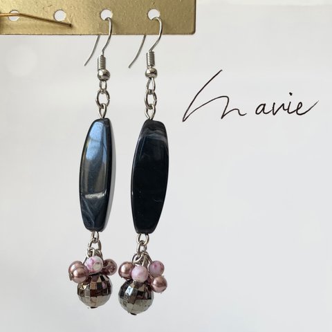 黒×くすみピンク ピアス イヤリング マスクチャーム