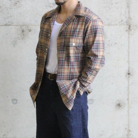 【OPEN COLLAR SHIRT/TWILL】　オープンカラーシャツ　コットン　チェック　ツイル　