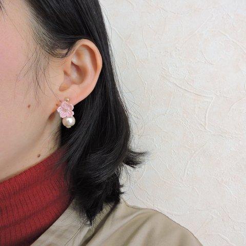 【March】桜とコットンパールのピアス/イヤリング<河津桜>