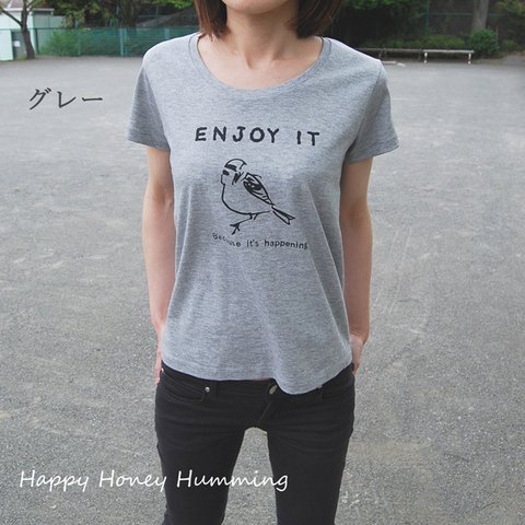 鳥Ｔシャツ　すずめ　enjoy it　グレー　オリジナルtシャツ