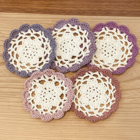 お花の手編みコースター　② くすみカラー　5枚セット