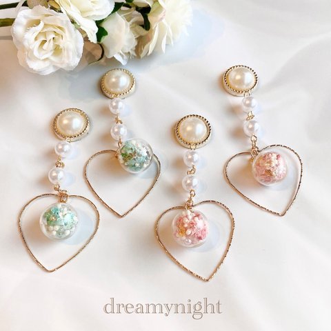 1.9new color addition♡ガラスドーム×ドライフラワーのハートフープイヤリング🌸