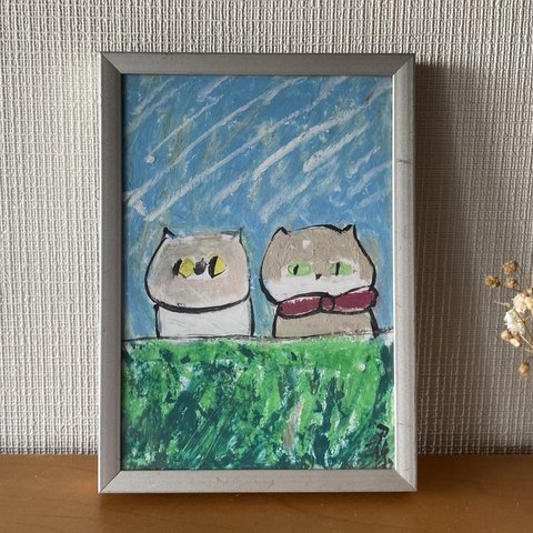 絵画。原画【2匹の猫が流星雨の夜を一緒に見る約束をした】