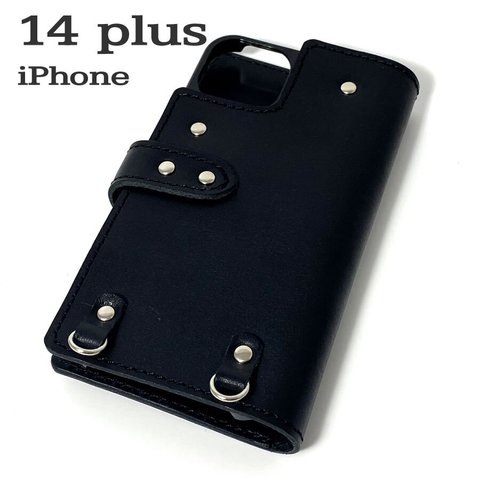 送料無料 手帳型 スマホケース iPhone 14 plus 用 スマホショルダー ハードカバー 革 ブラック