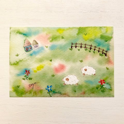 🐏透明水彩画「ひつじ牧場」イラストポストカード２枚セット 羊🐏