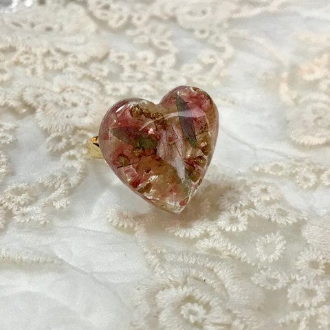 紫陽花&かすみ草&スターチス🏵レジンリング💍指輪  ピンク ハート型 ゴールド