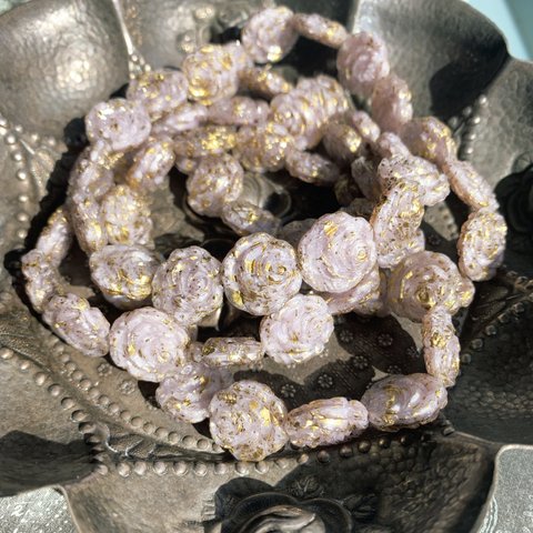 【4コセット】JIRI＊IVANA #czech beads#チェコビーズ　Rose14㎜　greige/gold rain