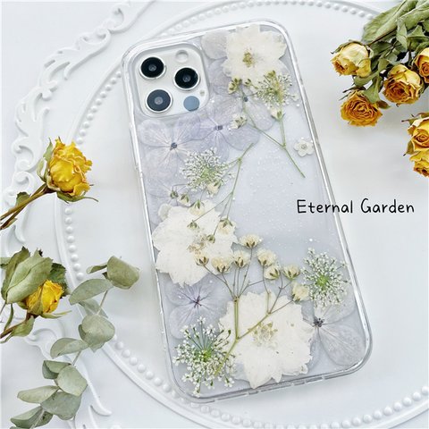 かすみ草＆紫陽花押し花スマホケース、全機種対応、iFace風、手帳型、ストラップホルダ一、iPhone15、iPhone15Pro、iPhone15plus、iPhone14、iPhone14Pro