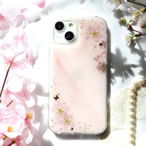 ❁⃘数量限定❁⃘ 桜ピンク｡❀·̩͙押し花スマホケース 全機種 Android Xperia クリア iPhone15 iPhone14 スマホカバー 韓国 スマホショルダー 桜 さくら