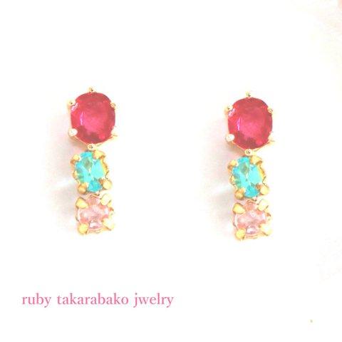 - otome no hana - Pink Spinel & Paraiba & Ruby Earrings