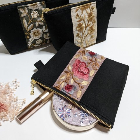 インド刺繍リボン×黒×ゴールドの大人可愛いファスナーポーチ✿ピンク✿