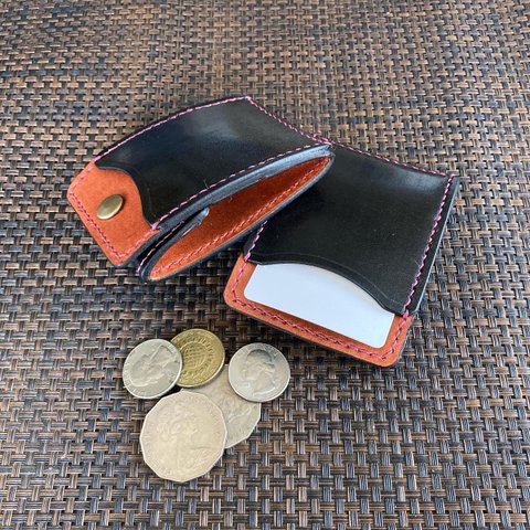 【Ⅱ・黒/赤茶・エンジ麻細糸】カードとコインの財布Ⅱ CC-07 コインケース ヌメ革  小銭入れ