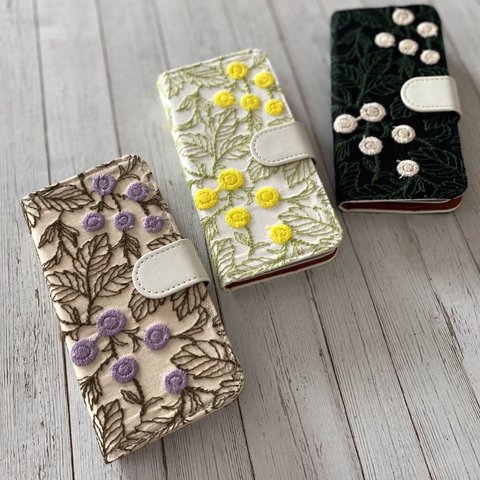 パープル入荷♡手帳型刺繍のまあるいフラワーiPhoneケース