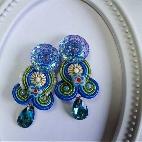 【Last one】【Sadie-サディ-】 soutache（ソウタシエ）チェコガラス使用　ピアスorイヤリング ［青系］