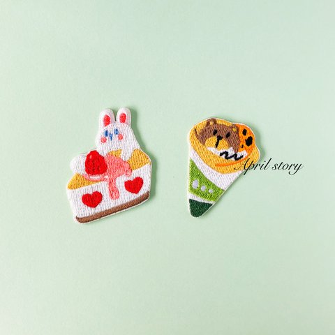 2枚セット/動物とフルーツ・セット３/刺繍ワッペン/アイロン・シール両用接着