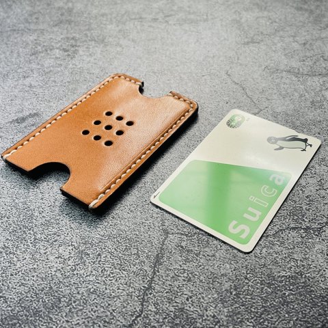 【手縫】Suica(スイカ）PASMO1枚用キャメル本革カードケース（生成麻糸）