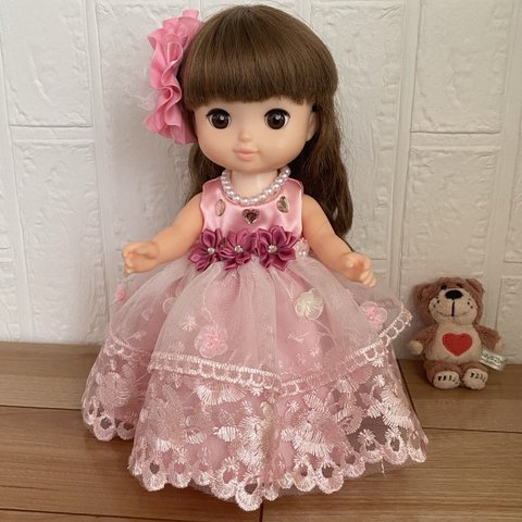【送料無料】メルちゃんソランちゃんレミンちゃんピンクドレスと頭飾りとネックレスの３点セット