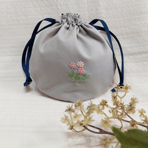 巾着ポーチ【秋桜刺繍🌼】