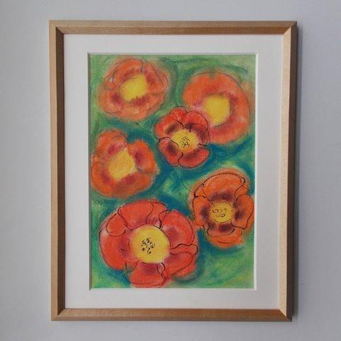 絵画  インテリア パステル画 額絵 オレンジ色の花