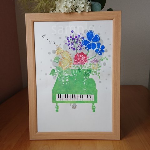 水彩画 花咲くピアノと猫