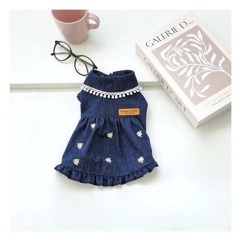 デニムフリルワンピース刺繍プチフラワーskirt／選べるCOLOR