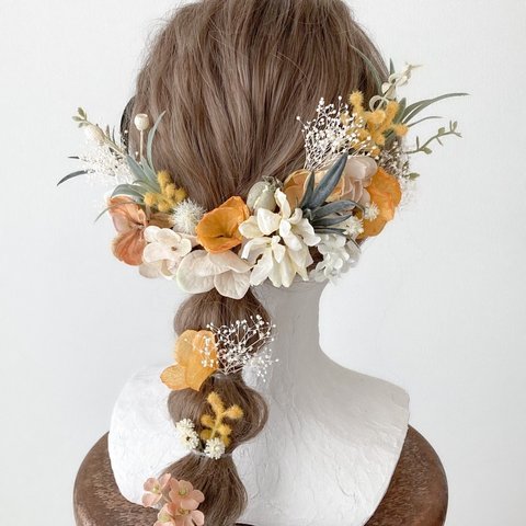 【送料無料】：枯れない花の髪飾り：成人式や卒業式、結婚式などにぴったりのヘッドドレスです。ボブやショートにもおすすめ【金箔シート付き】・造花・ドライフラワー・水引・花・ミモザ・黄色・リボン・振袖・