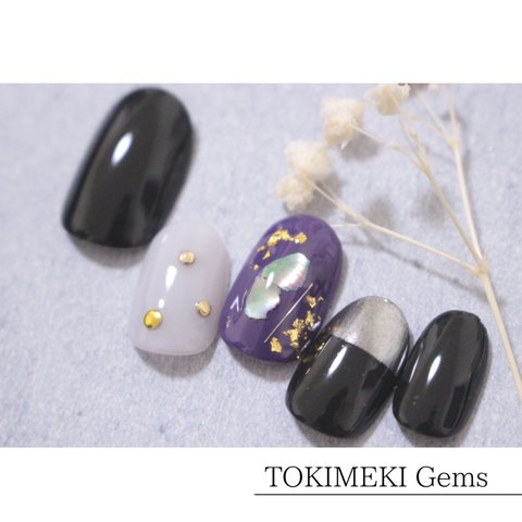 【再販】【夏ネイル】紫×黒のニュアンスマックスnail ミラーネイル 金箔 ワイヤーネイル シェル ネイルチップ 人気 付け爪 卒業式 成人式 振袖 袴 和ネイル 和風ネイル パープル ニュアンス