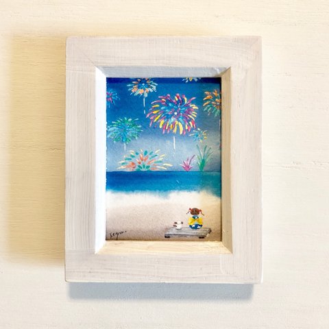 🎆透明水彩画「海辺の水中花火」水彩画イラストミニ額 夏 ギフト  マリン　犬　母の日　母の日ギフト　父の日　父の日ギフト🎆