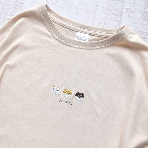 ビッグシルエット 柴犬刺繍Tシャツ 《サンドベージュ》メンズ レディース トップス 大人 