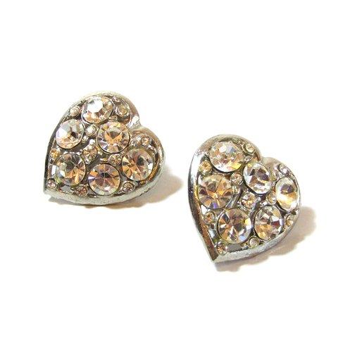 80s Vintage Clear Rhinestone Silver Tone Heart Design Earrings