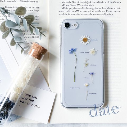 novel forget-me-not  植物標本 のような 押し花 スマホケース iPhone *。 date