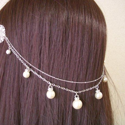 クリップタイプ☆パールの2連バックカチューシャ　シルバーカラー　ヘアアクセサリー