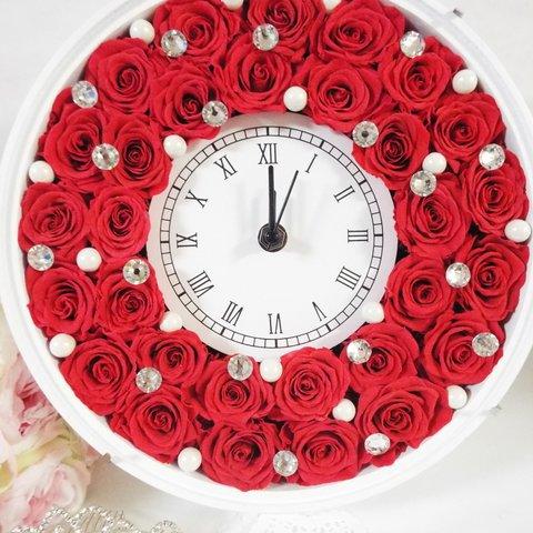 受注作成　色変更OKなどの相談OK　 豪華　スワロフスキー・パール　デコレーション　薔薇をたっぷり使った花時計  赤・レッド　プロポーズ・ウェディング・還暦祝い・誕生日