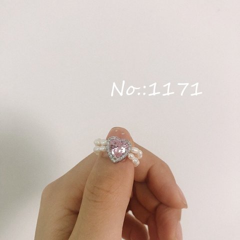 韓国ファッション　ピンクビーズハートリング　指輪　アクセサリー　-1171