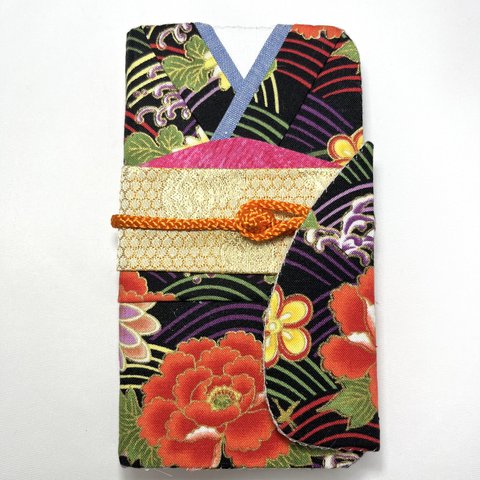 iPhone14 手帳型携帯ケース 送料込み 黒花×オレンジ柄
