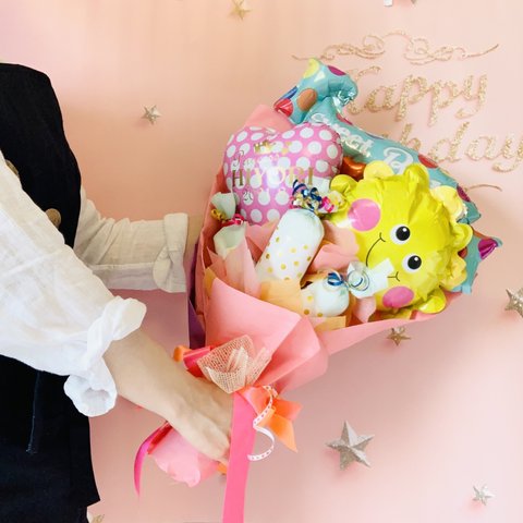 おむつブーケ　sweet Baby 　プリンセス誕生　おむつギフト　出産祝　バルーンギフト　ピンク　オレンジ　太陽　丸　ドット