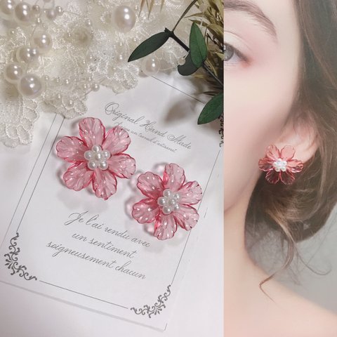 パール Flowerピアス イヤリング(pink)
