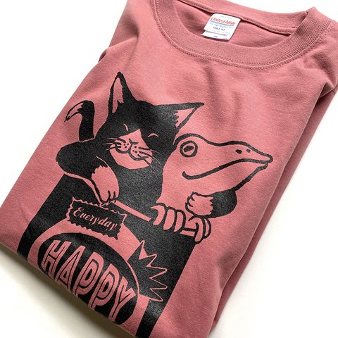 猫とカエルのTシャツ（ヘイジーピンク）【XL】男女兼用