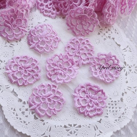 6枚/花　フラワー　ピンク　紫　パープル系　糸　透き通る　アップリケ　モチーフ　刺繍　手芸