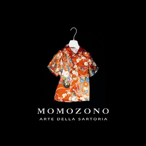 オレンジ、花柄シルク着物リメイク、子供用半袖シャツ(約1才から5才)MZ original
