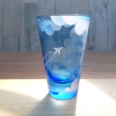 【受注生産】Sky-Hi 飛行機雲 青空タンブラー サンドブラスト 空色グラス
